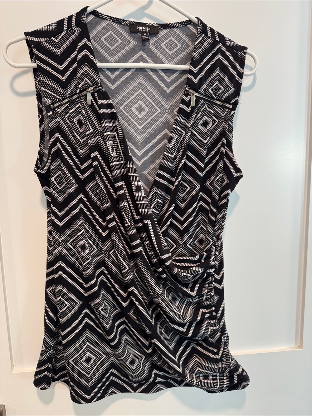 Premise Black & White Geometric Drape Front Sleeveless Top